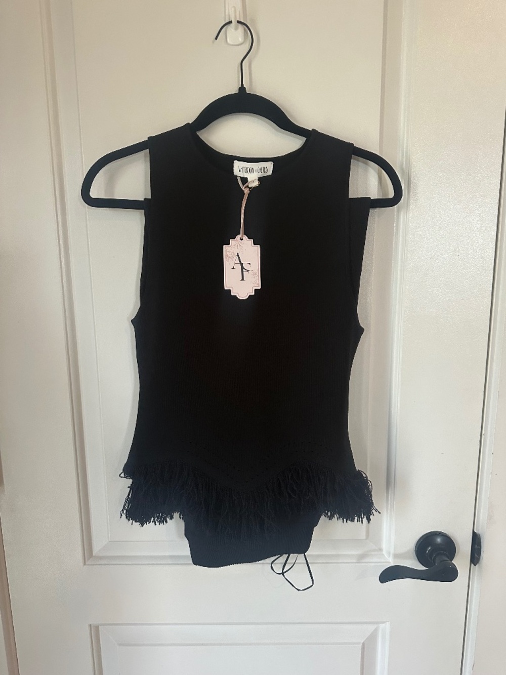 New Black poly/viscose blend Knit Wave Fringed top and wide leg and flared pants